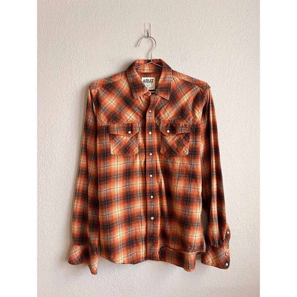 Ariat Men's Retro Fit Western Flannel Shirt in Orange/Black Size SMALL